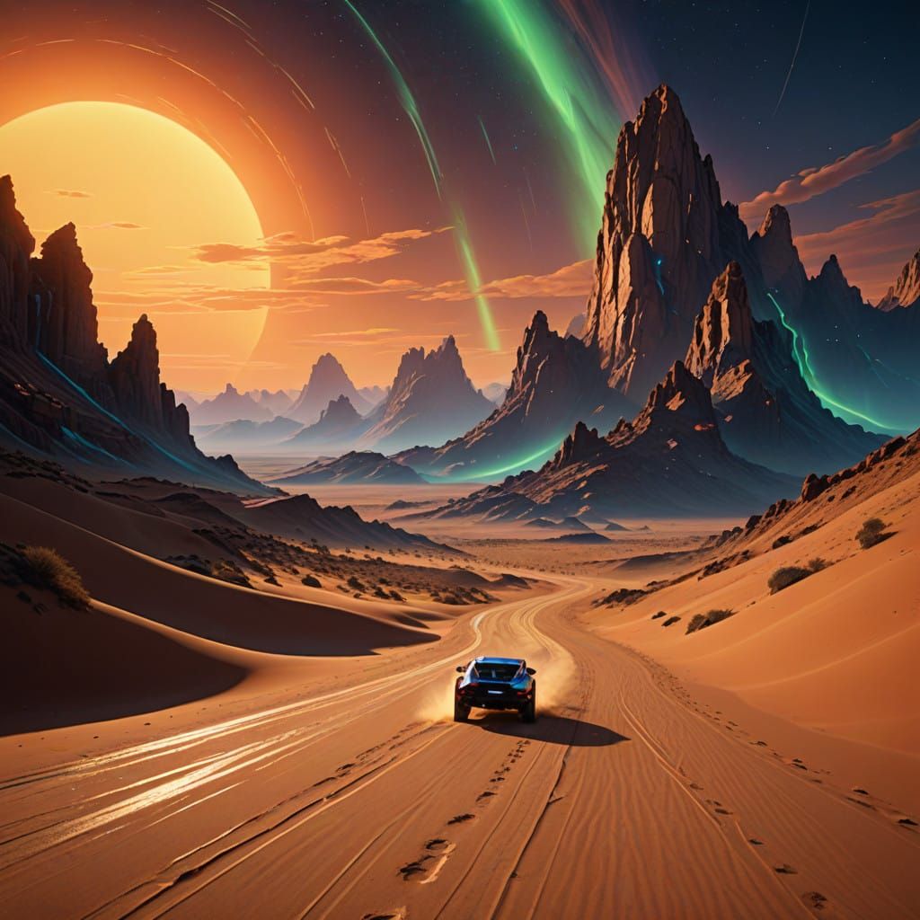 Majestic Sand Waves Stretch Across Arid Horizon in a Vibrant...