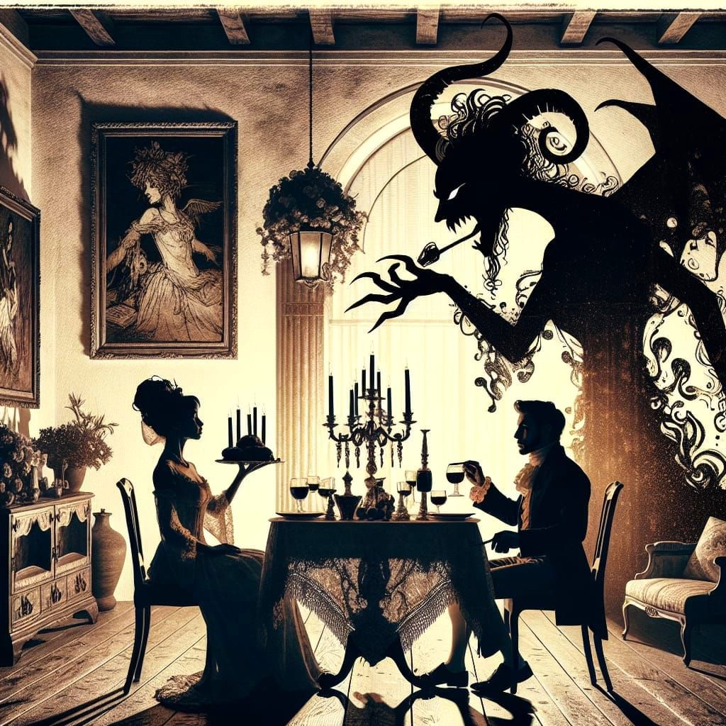 Romantic Gothic Dinner Scene in Ink Splatter Art