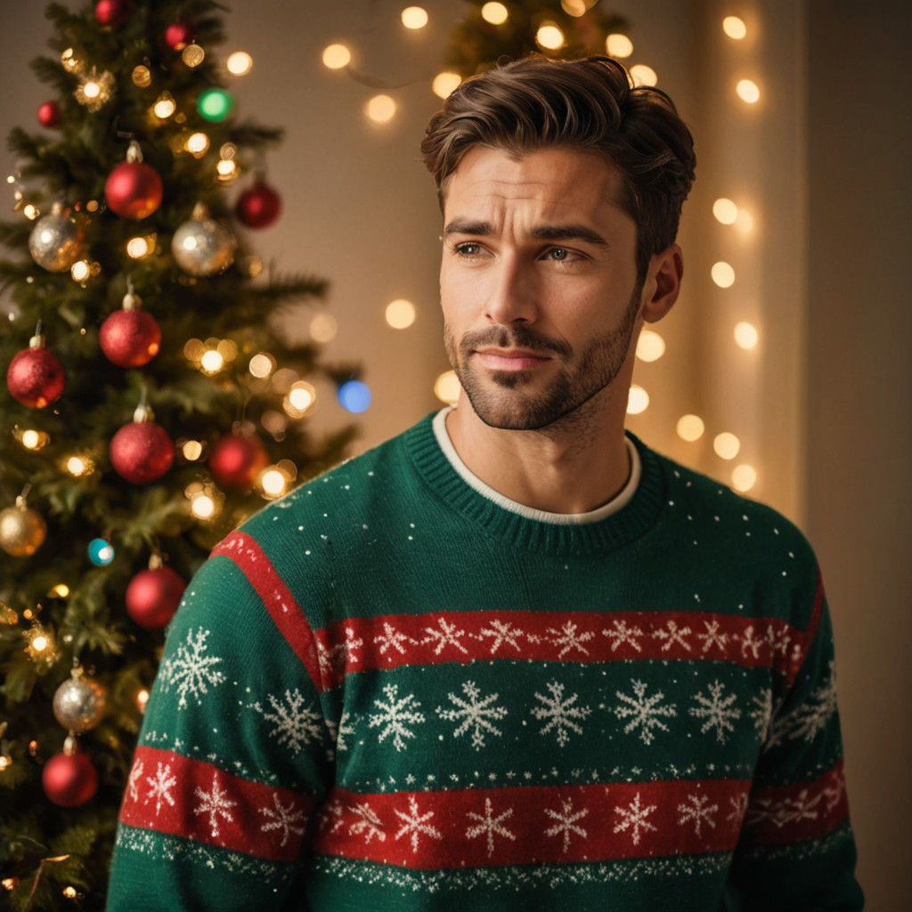 A Handsome Man in Festive Holiday Sweater Style