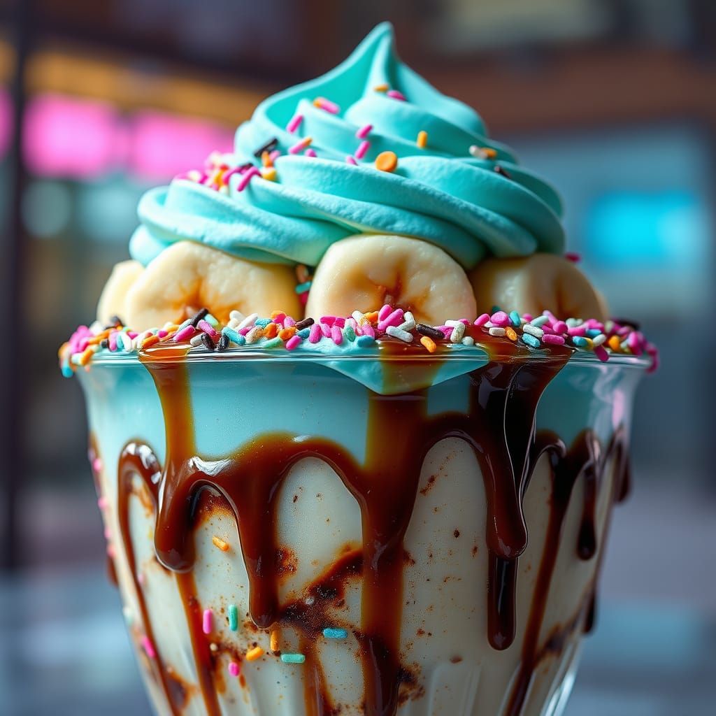 Hyperrealistic Turquoise Banana Split Sundae Dessert