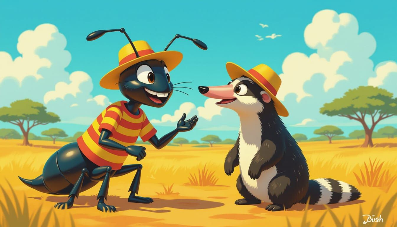 Giant Ant and Anteater Chatting on Savannah, Whimsical Style