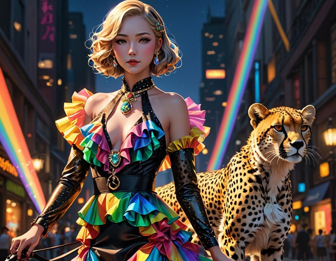 Woman with Cheetah in Rainbow Suit, Anime Art