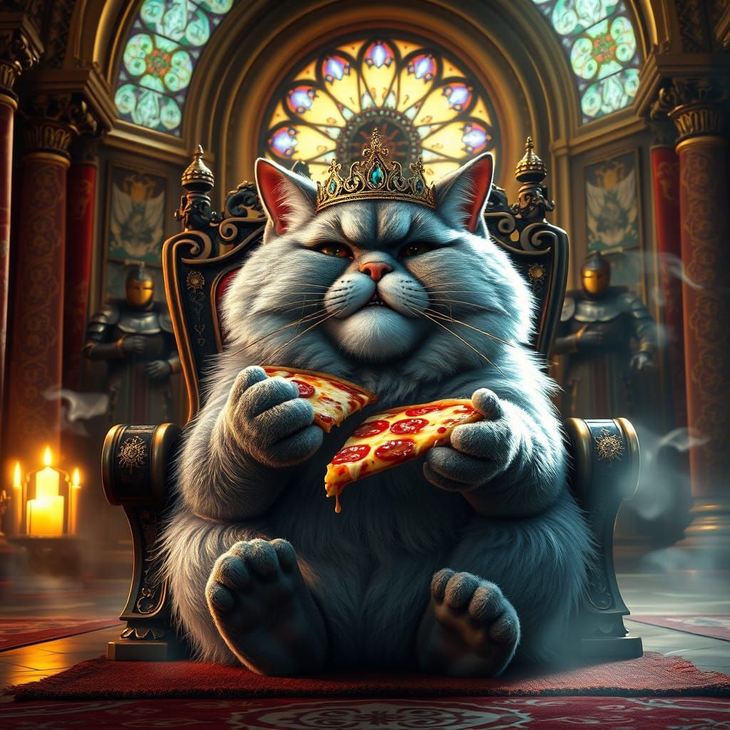 Regal Cat Savoring Pizza in Lavish Throne Room