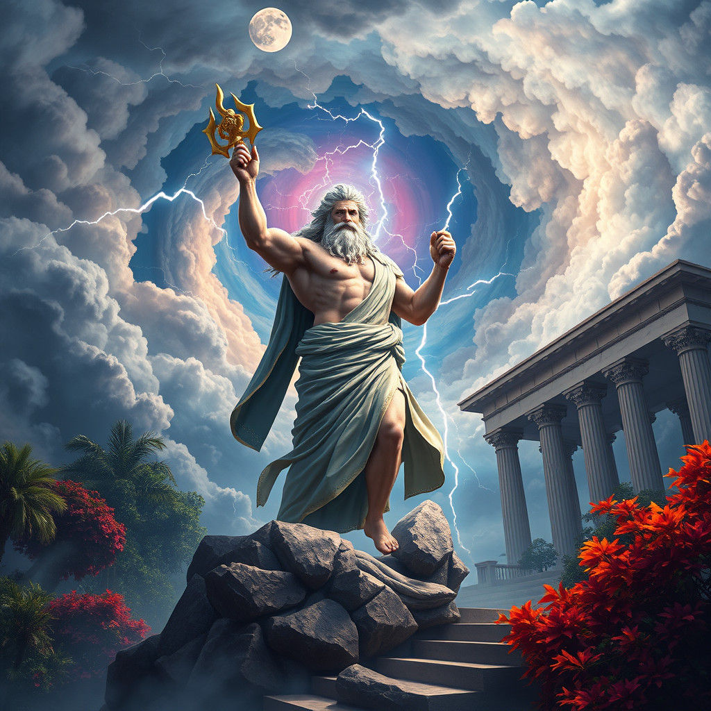 Zeus, God of Skies, Amidst Lightning Vortex