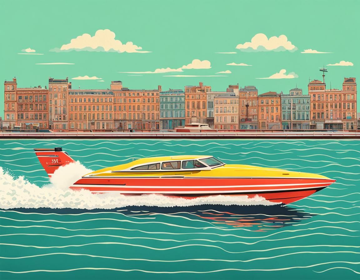 Speedboat in Motion: A Wes Anderson-Inspired Scene
