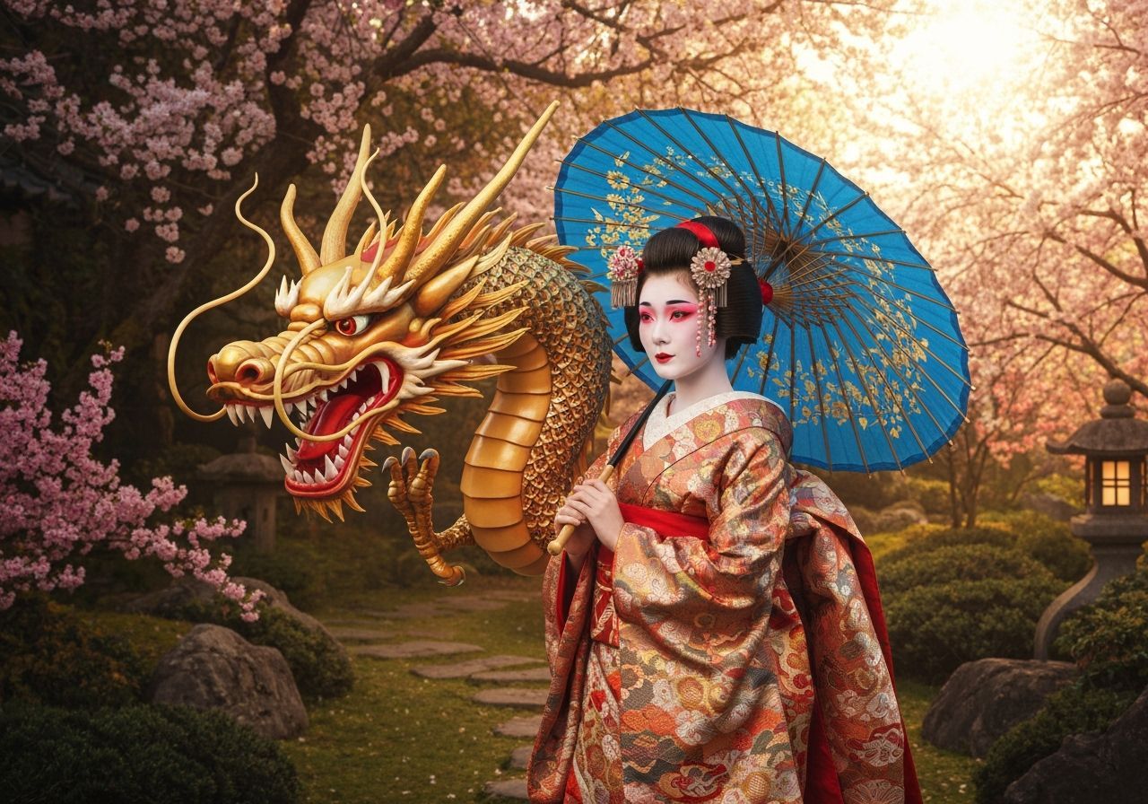 Geisha on Dragon in Japanese Garden, Fashion Photography