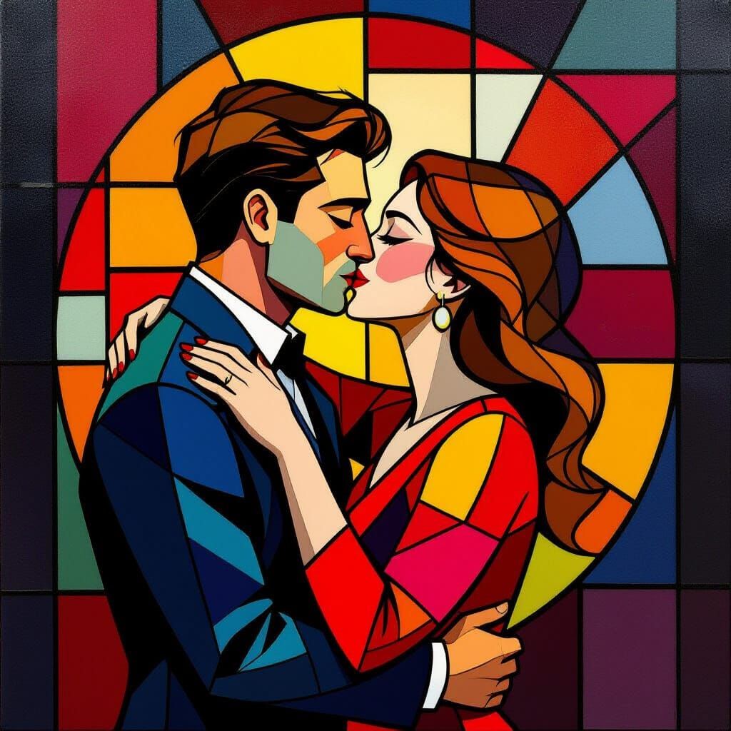 Passionate Kiss in Abstract Stained Glass Window