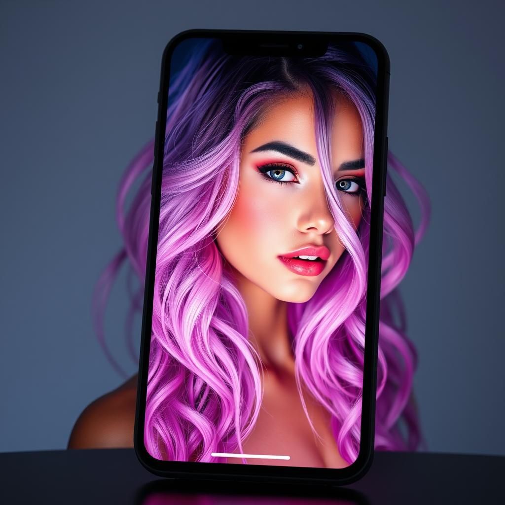 Smartphone Displaying Woman with Pink and Purple Hair