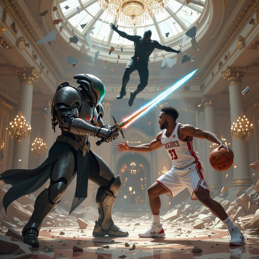 Alien Warrior Battles LaMelo Ball in Shattered Mansion