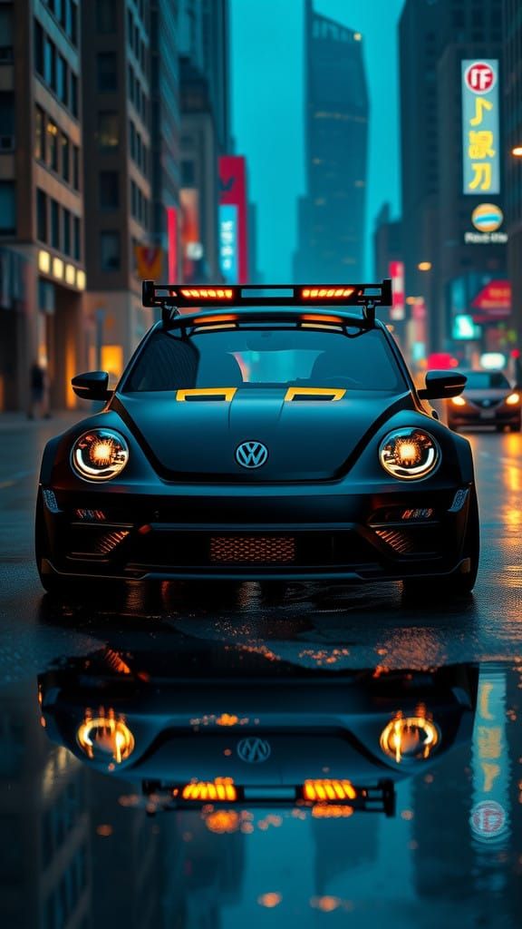 Cyberpunk Beetle Dominates Nighttime Urban Landscape