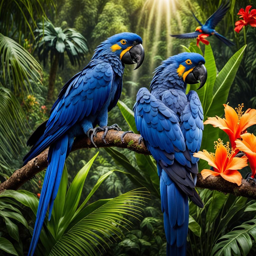 Vibrant Hyacinth Macaws in a Tropical Paradise