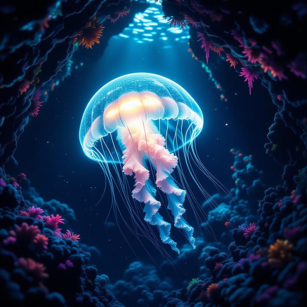 Bioluminescent Jellyfish in Deep-Sea Cave, Digital Art