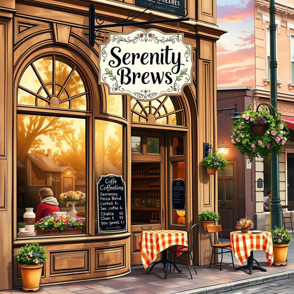 Charming Rustic Coffee Shop Facade as Watercolor Painting