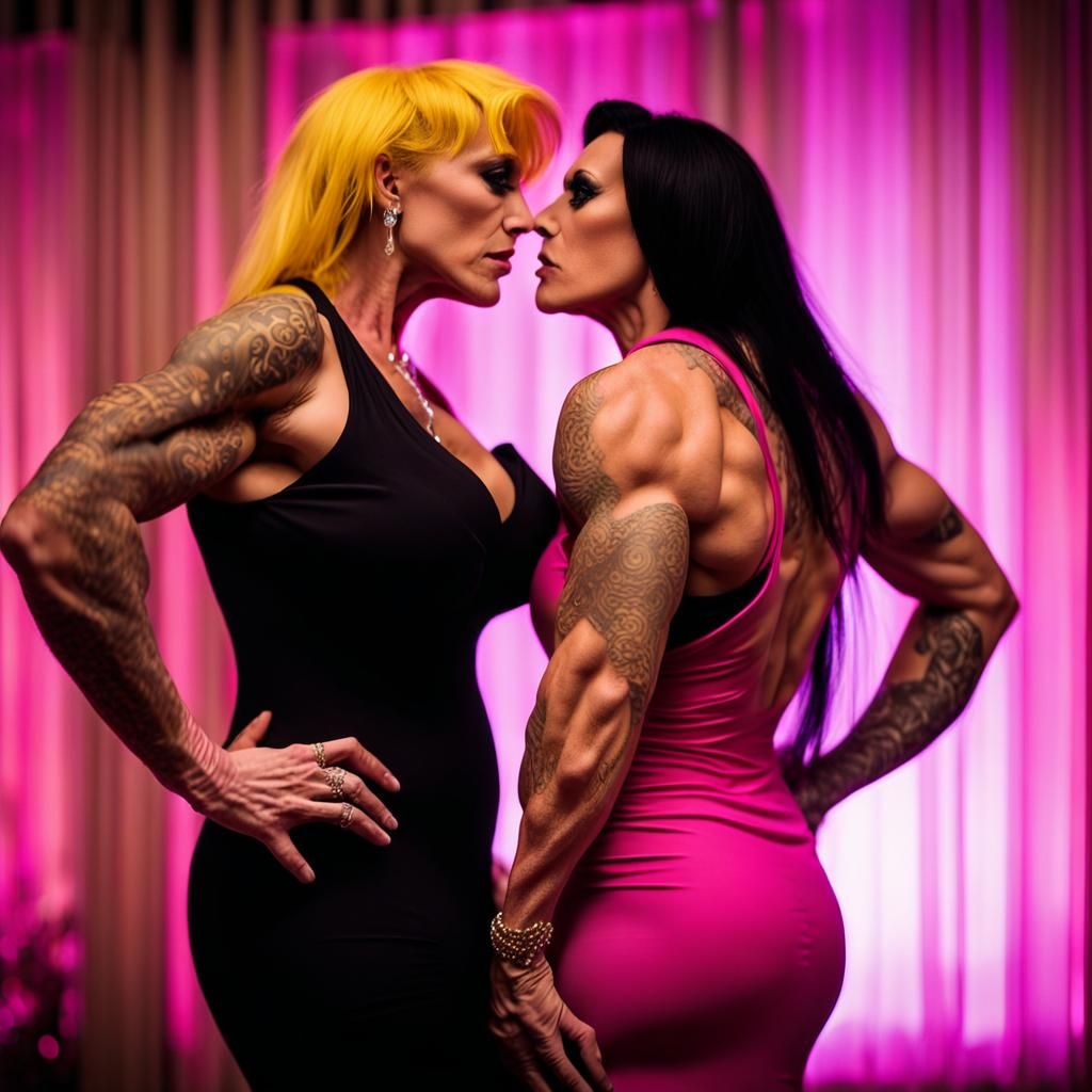 Gothic Androgynous Bodybuilders Kissing in Las Vegas