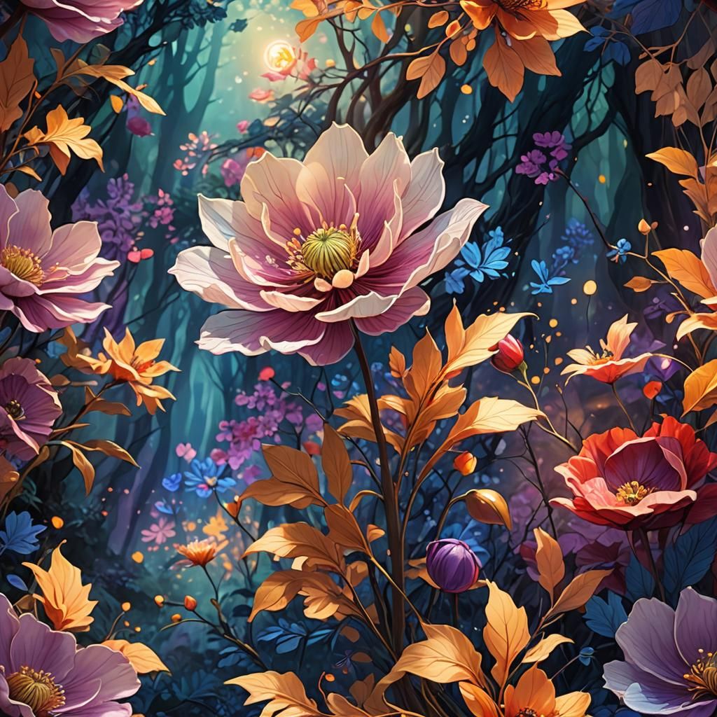 Mystical Flower in Forest: Vibrant Digital Art