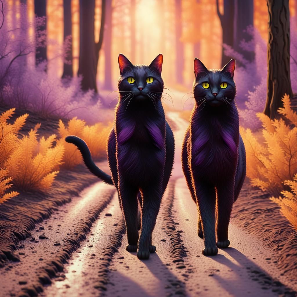 Anthropomorphic Cats Stroll Through Melting Forest, Surreali...