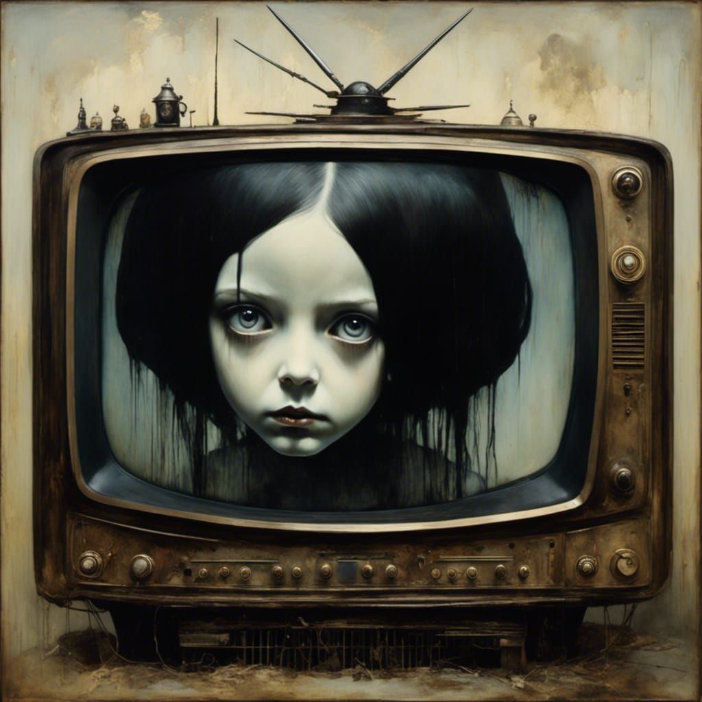 Ghostly Girl Emerges from Retro TV: Surreal Art