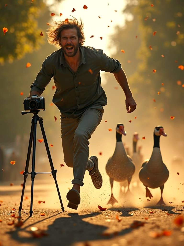 Photographer's Geese Chase: A Whimsical Digital Oil Painting