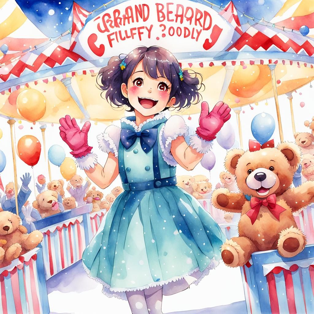 Happy Child Wins Teddy Bear: Anime Watercolor
