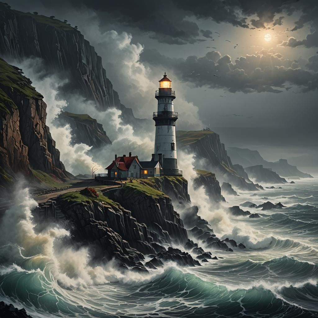 Melancholic Coastline: Lighthouse in a Dark Storm