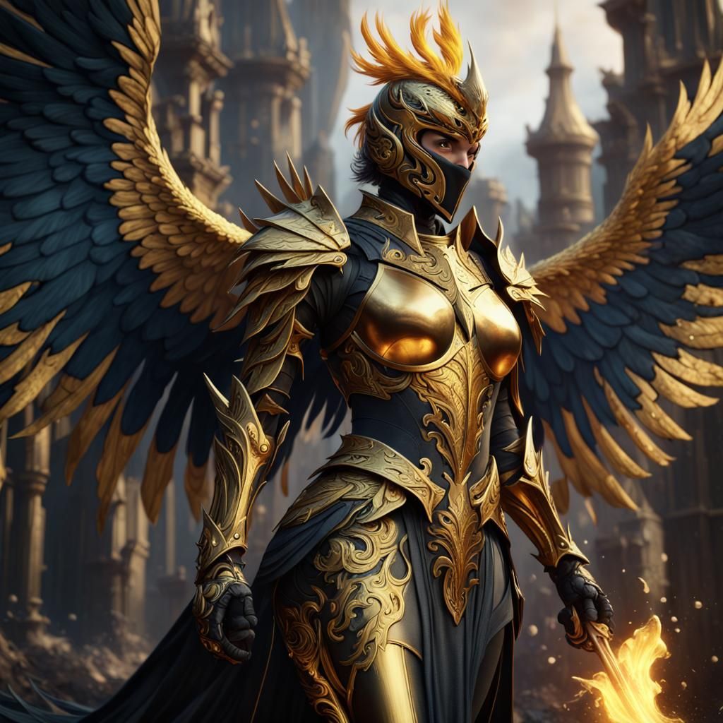 Black and Gold Phoenix Knight in Detailed Matte Painting