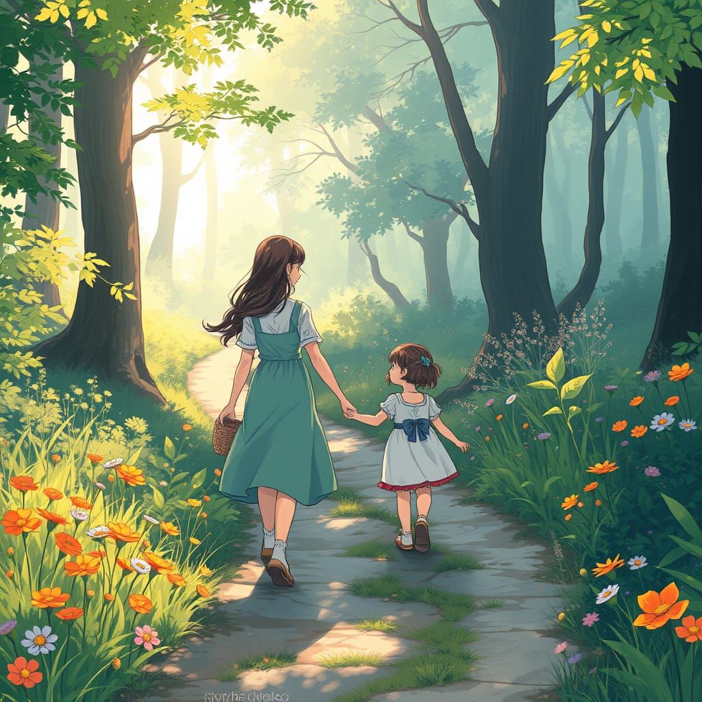 Anime Mother and Daughter Stroll Through Enchanted Forest in...
