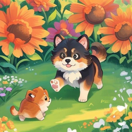 Chow Chow and Cocker Spaniel Play in Oil Painting