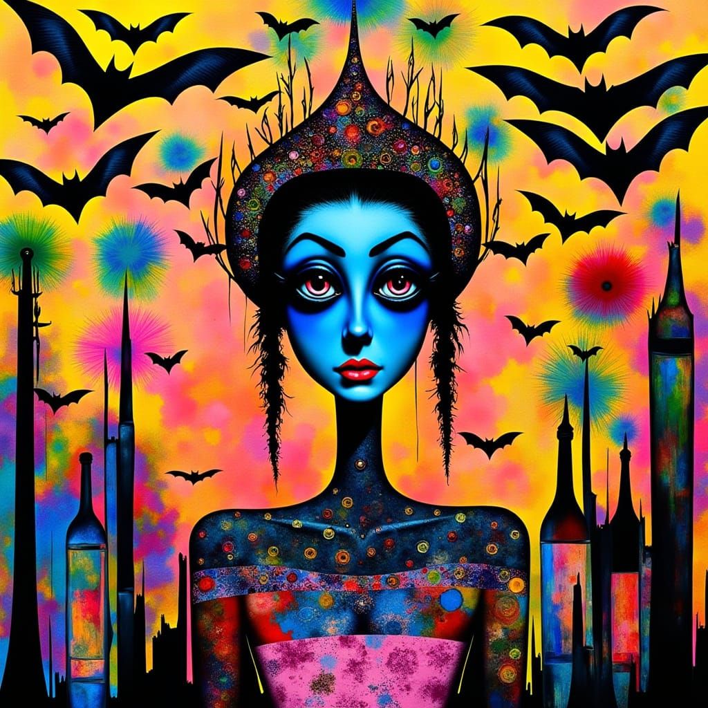 Whimsical Surreal Queenly Figure Amidst Geometric Bats in Ne...