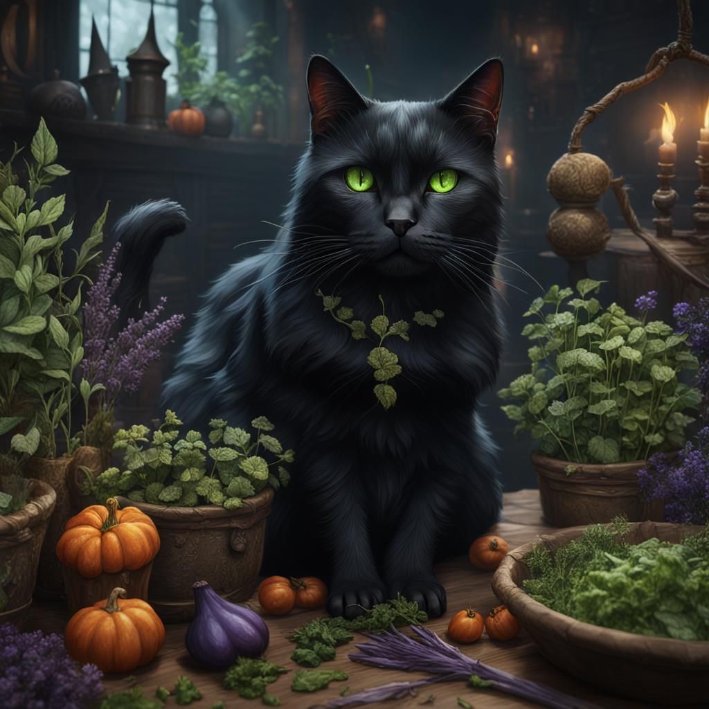 Black Cat Witch with Herbs in Detailed Painting