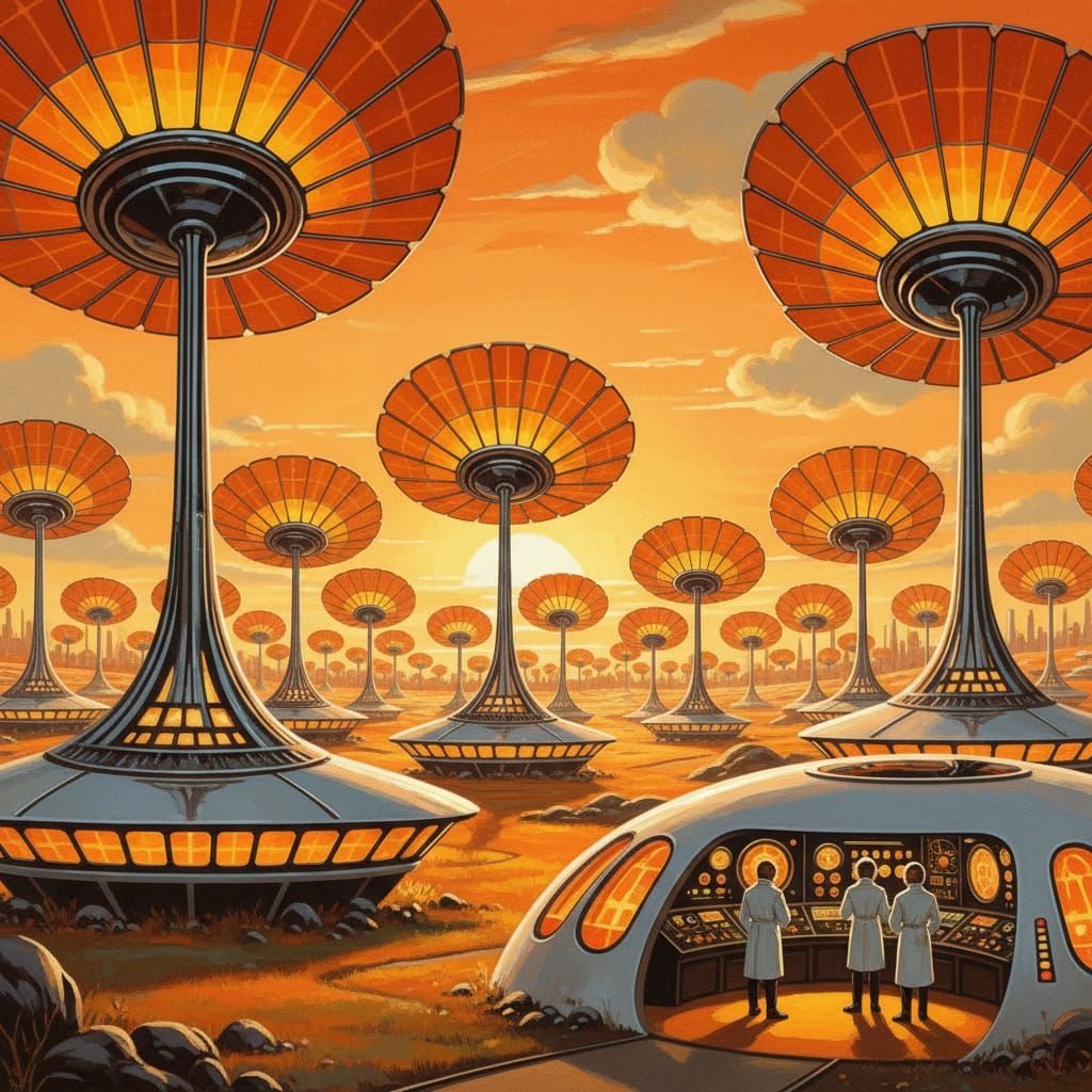 Retro-Futuristic Solar Farm: 1950s Sci-Fi Vision