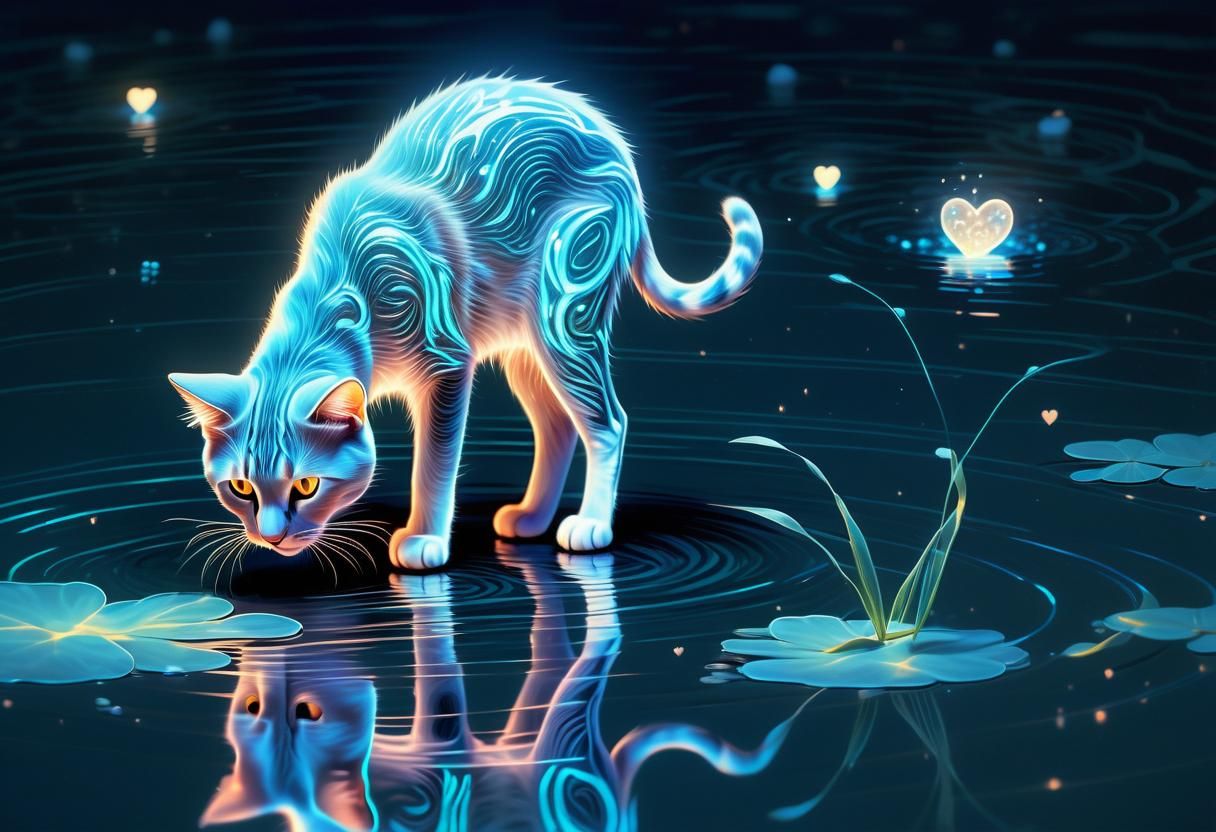 Bioluminescent Cat Gazing at Reflection in Pond