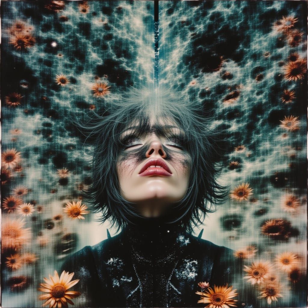 A young woman with tangled, dark hair and gothic-punk attire, clutching her head in anguish, eyes squeezed shut.