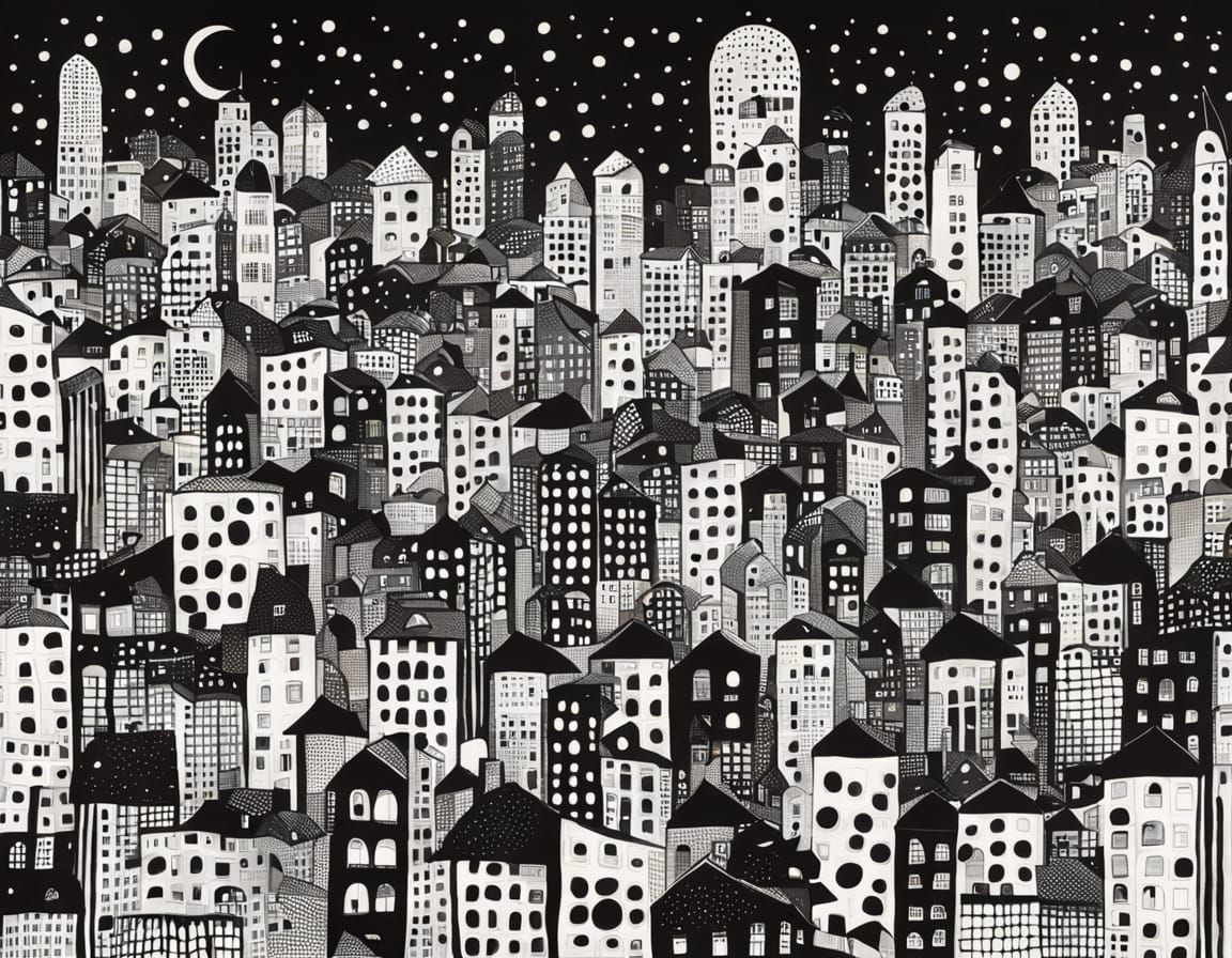 Surreal Black and White Polka Dot Cityscape