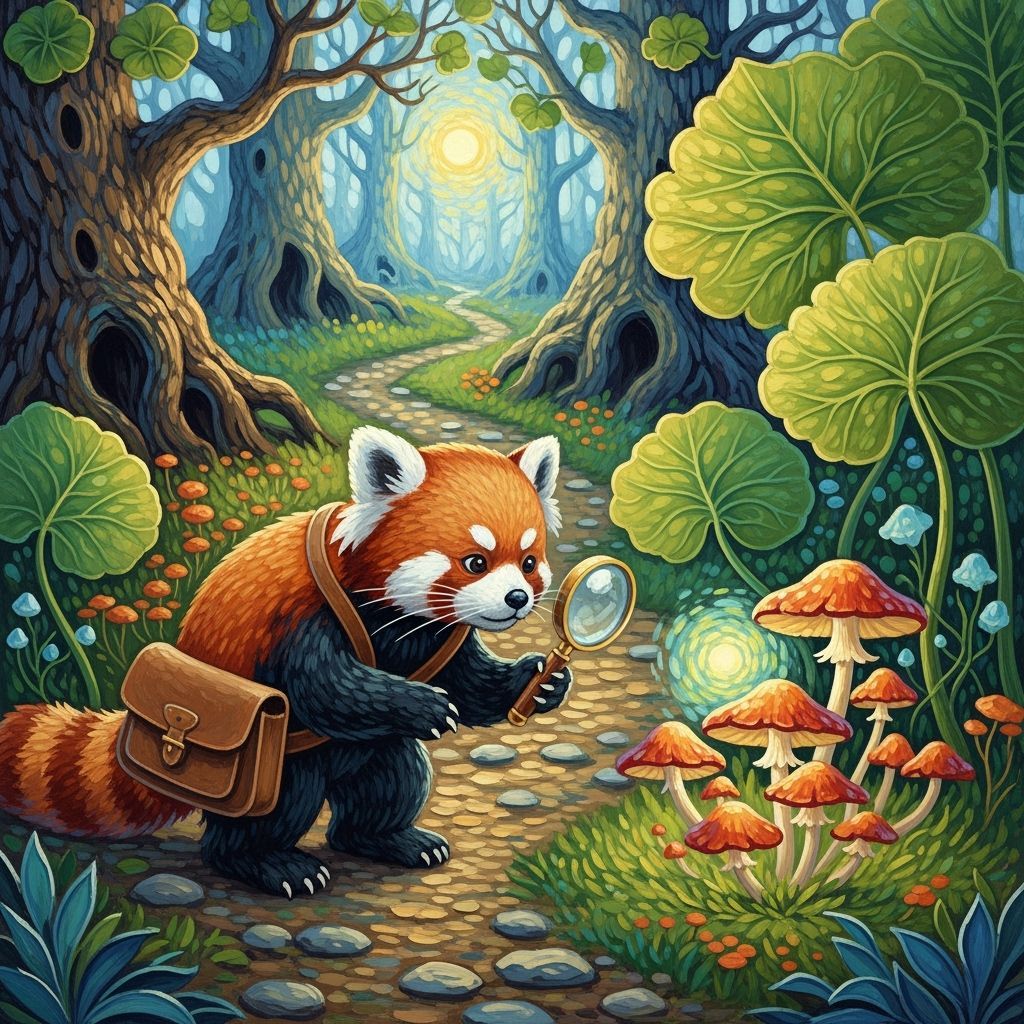 Whimsical Red Panda Explorer Discovers Glowing Fungi
