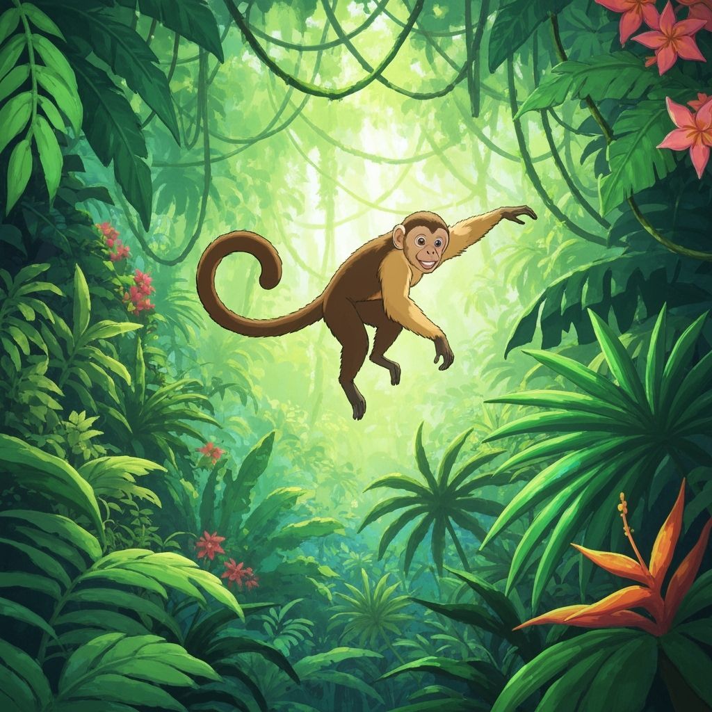 Playful Monkey Leaping Through Sun-Dappled Jungle Canopy