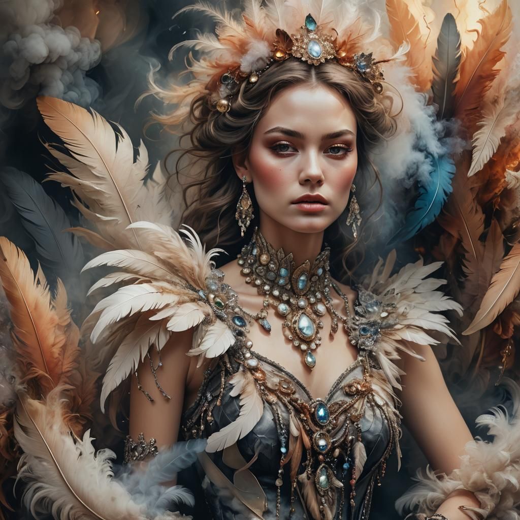 Surreal Feathered Jewel Women in Dreamlike Oil Painting