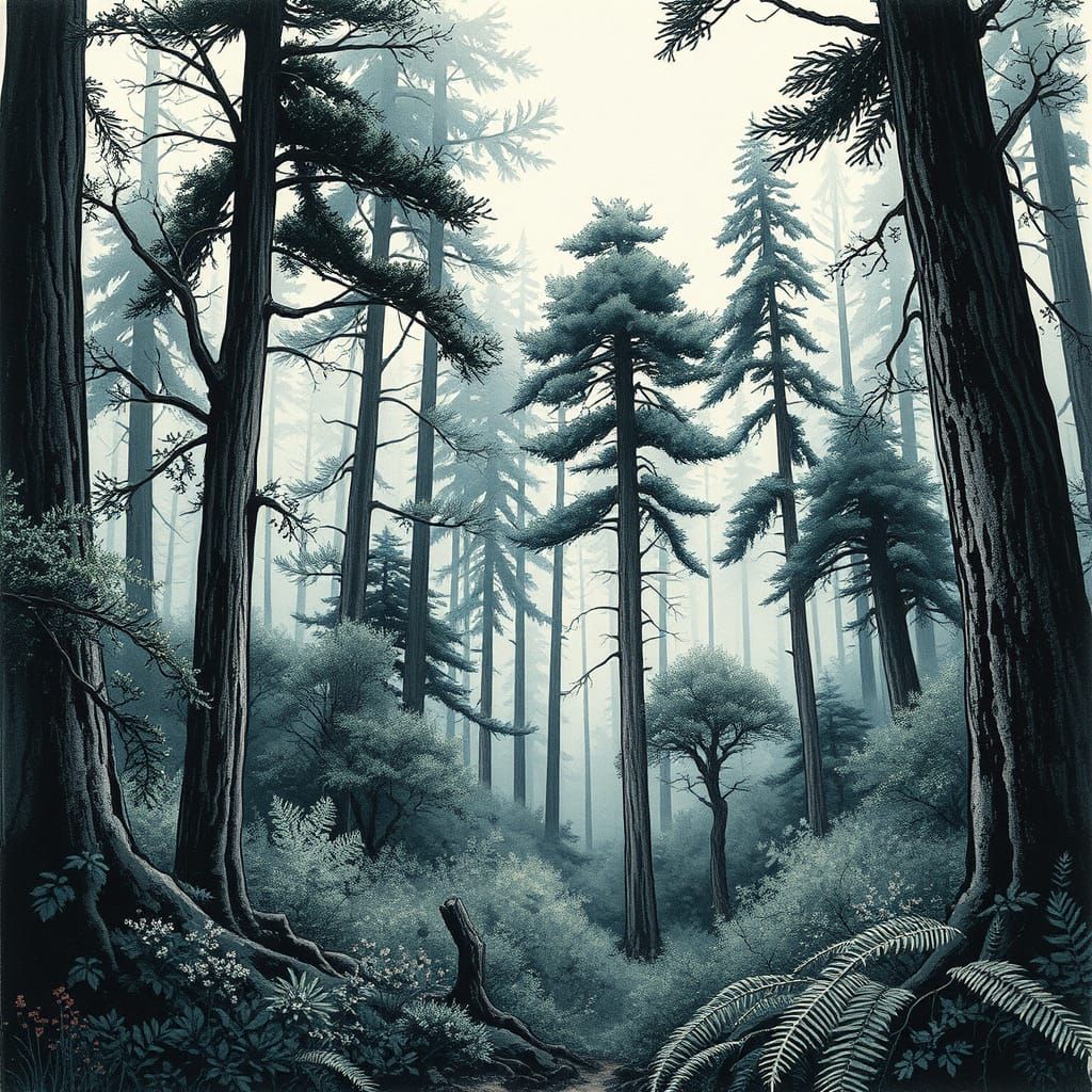 Misty Forest with Towering Trees in Ink Style