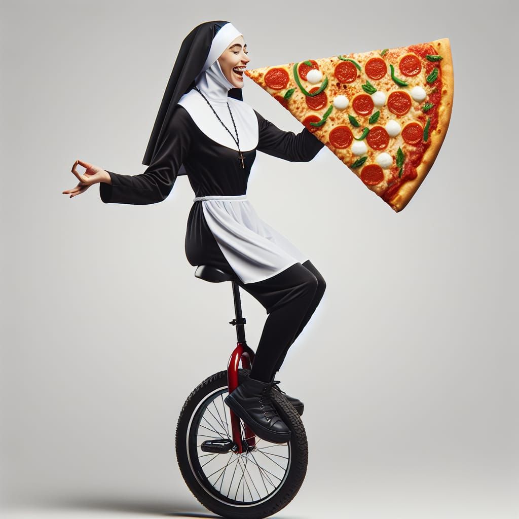 A Cheerful Nun Rides a Unicycle with Pizza