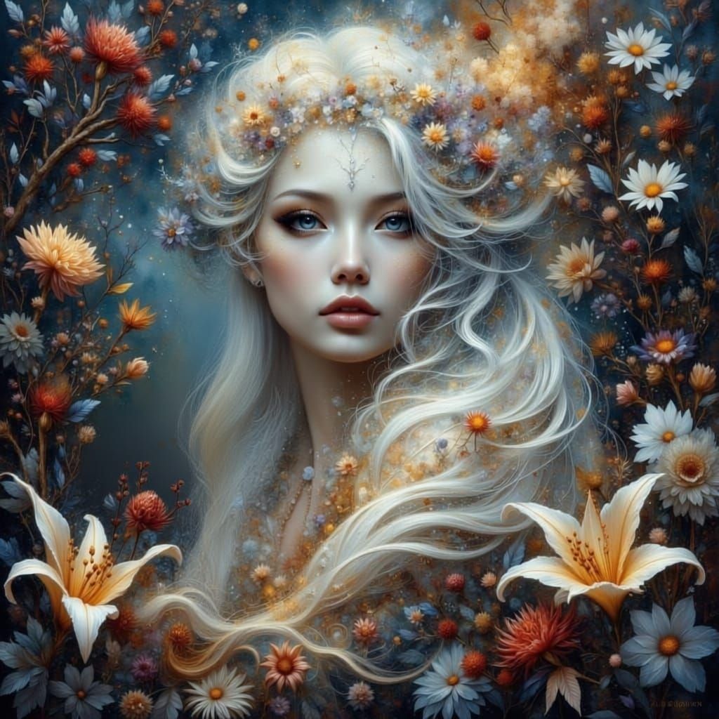 Woman Portrait Surrounded by Flowers