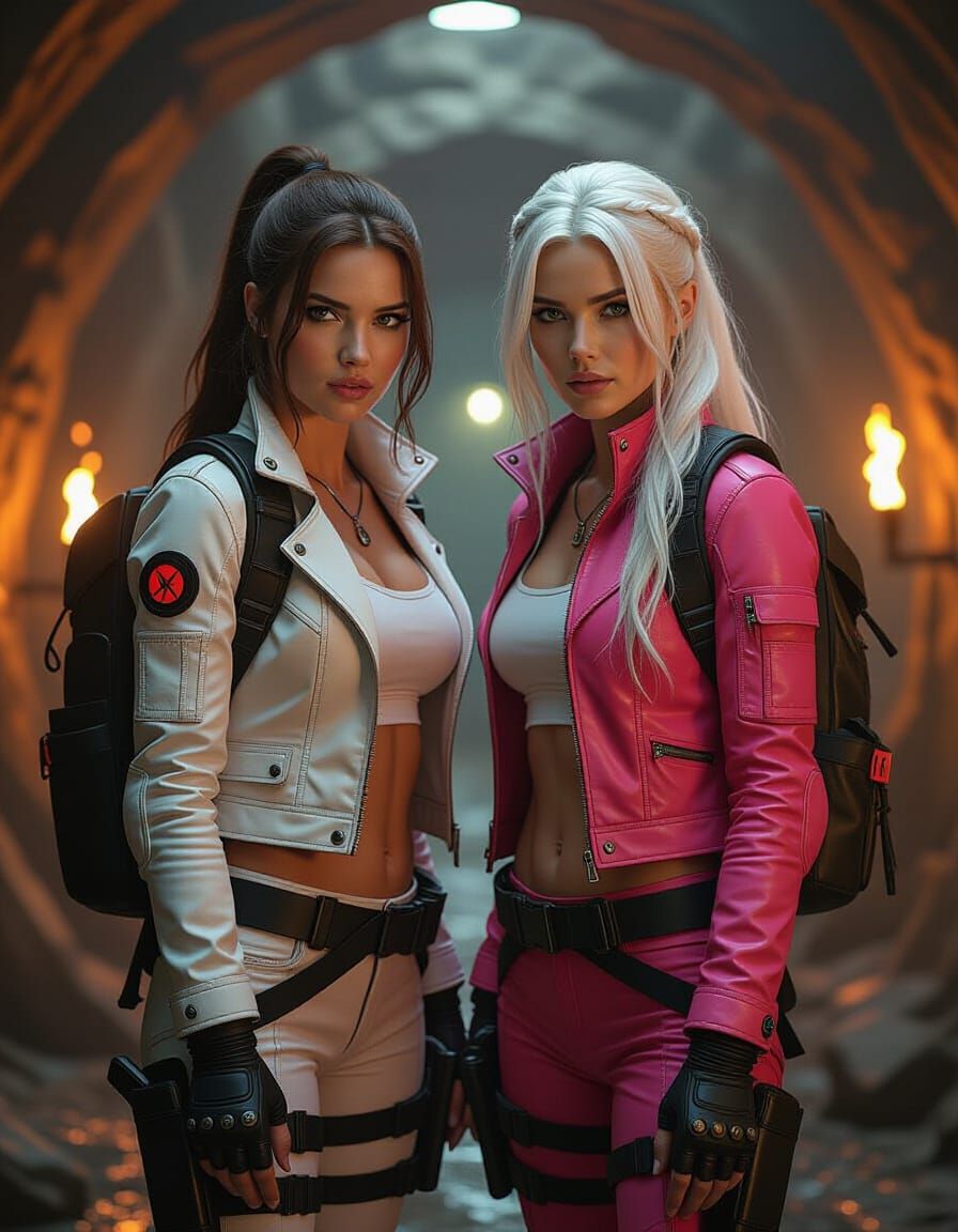 Lara Croft and Cybernetic Woman in Dimly Lit Cavern