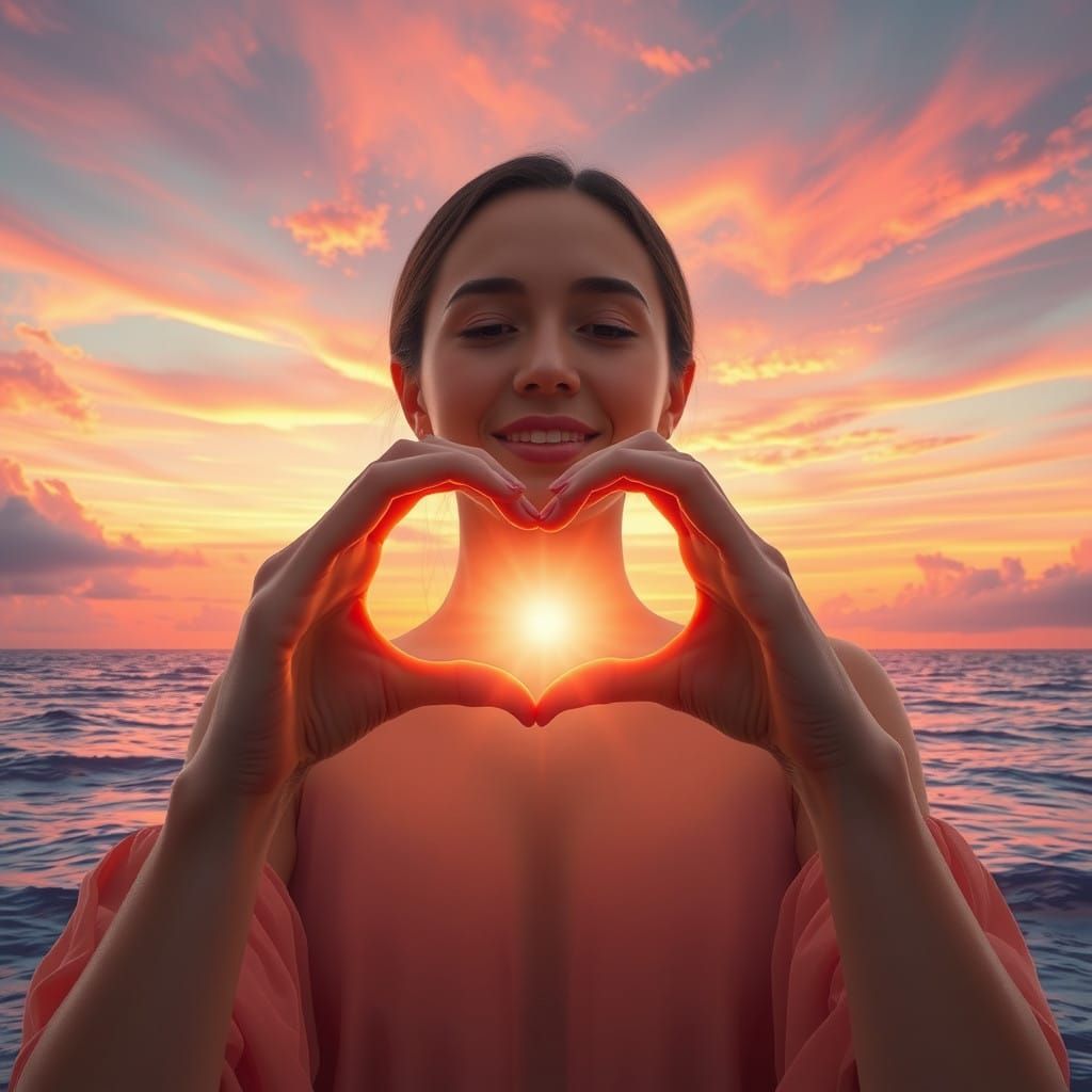 Woman Forms Heart Shape as Vibrant Sunset Erupts