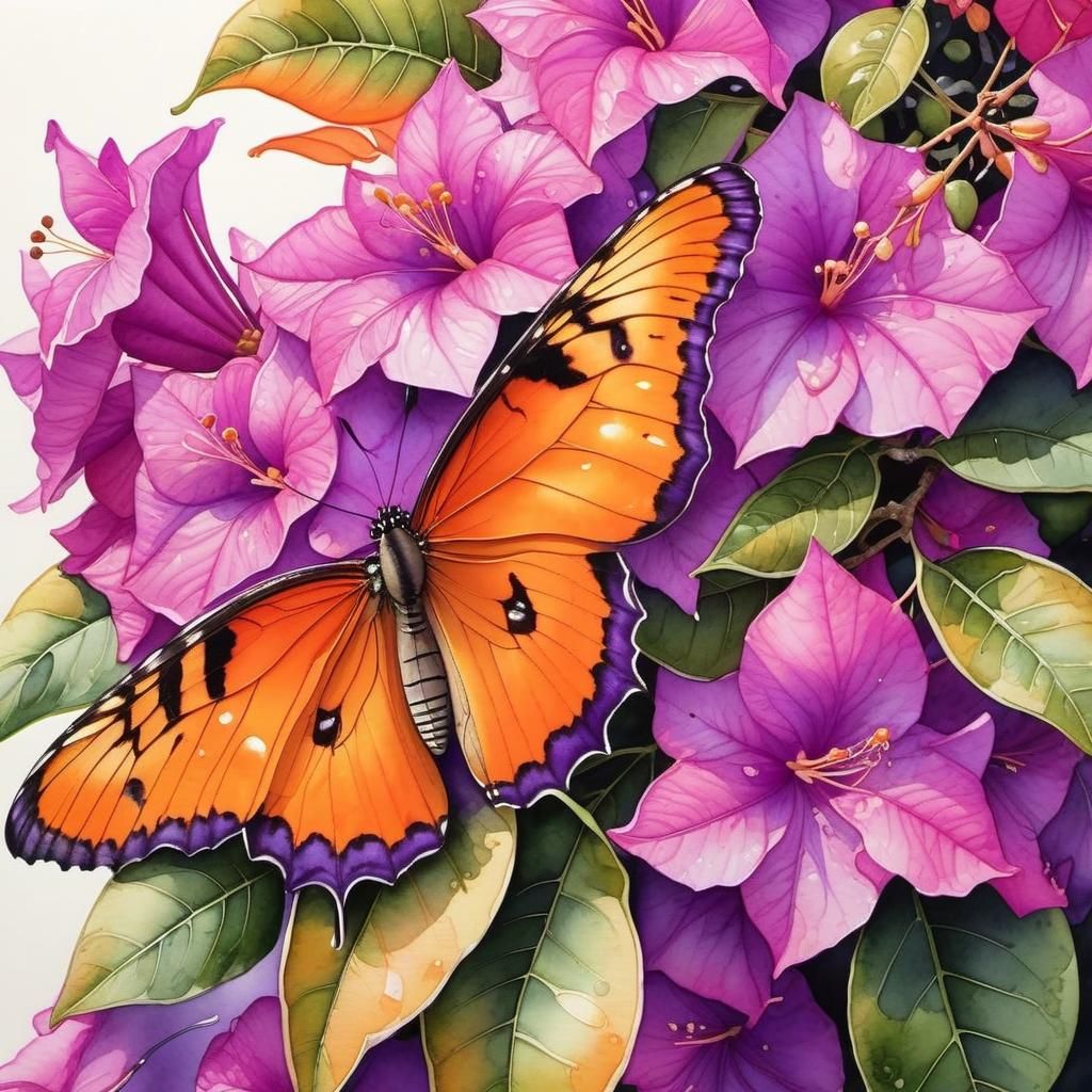 Orange Butterfly on Purple Bougainvillea in Watercolor