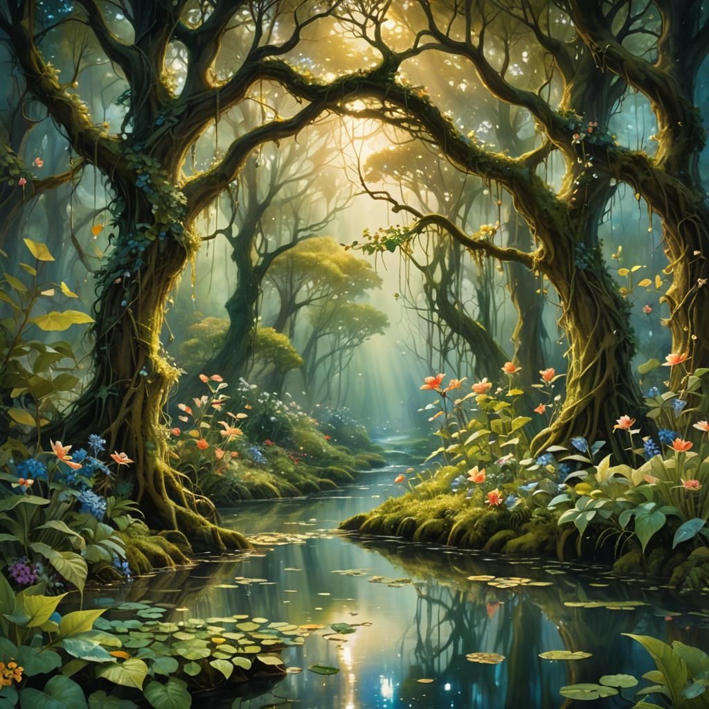 Lush Fantasy Forest in Watercolor Style