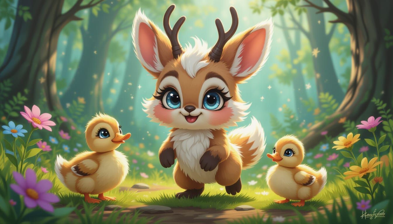 Cute Jackalope Warrior Princess with Duck in Magical Forest