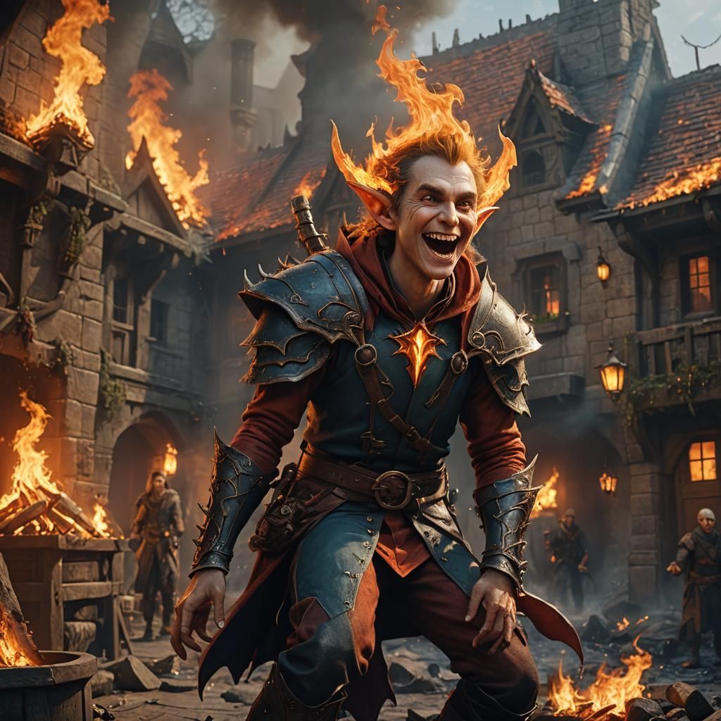 Elf Pyromaniac Laughing at Burning Hostel