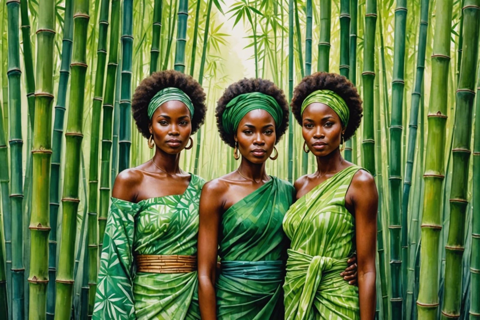 African Woman in Green Bamboo Forest, Watercolor