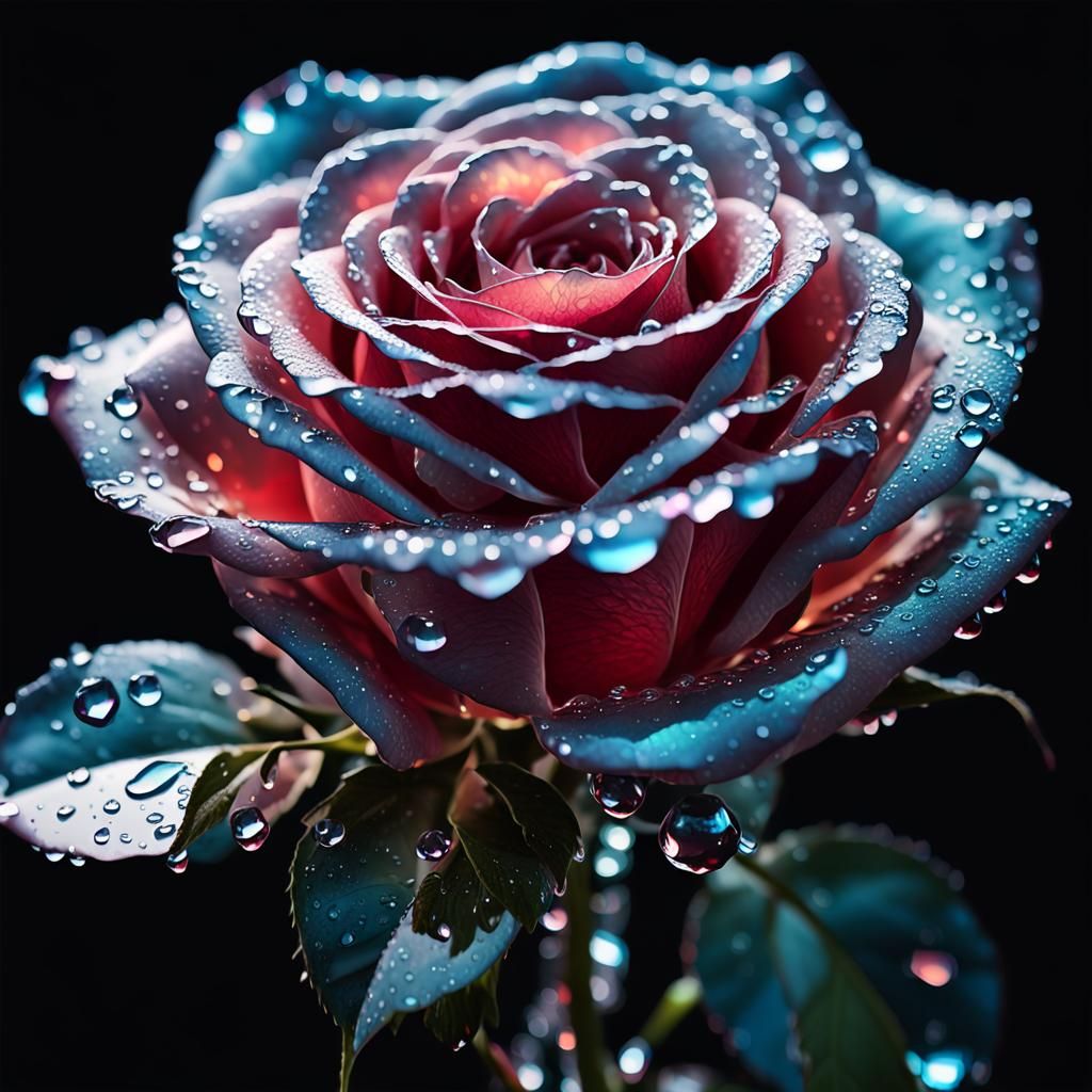 Glass Rose with Water Droplets in Hyper-Realistic Style