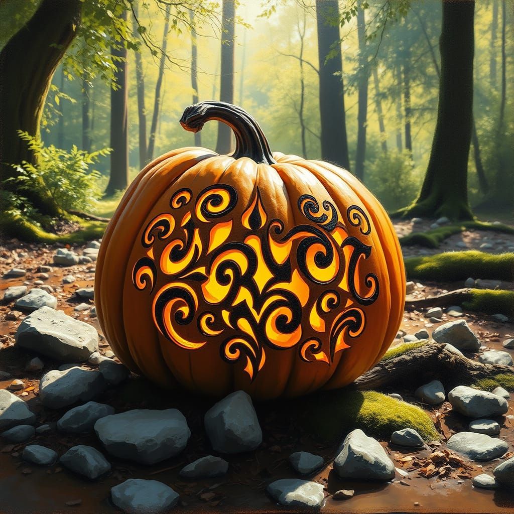 A single, perfectly formed pumpkin sits in a sun-dappled for...