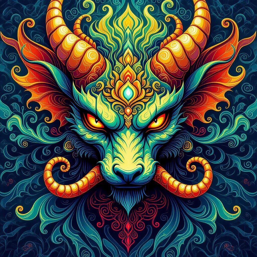 Psychedelic Animal Demon Portrait in Ornate Line Art Style