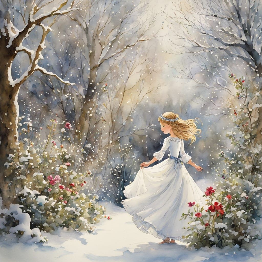 Girl Dancing in Winter Garden, Watercolor Style